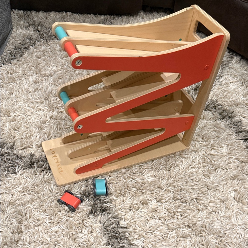 Lovevery Wooden Car Ramp Racer Toy - Orange & Teal